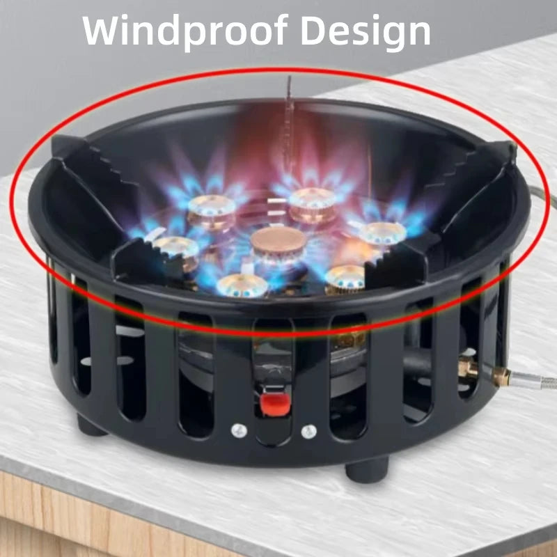 21000W 7-Core Camping Stove High-Power Strong Fire Portable Tourist Gas Burner Windproof Electronic Ignition Camping Equipment