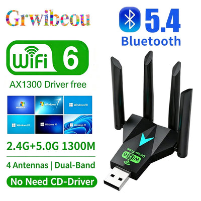 1300Mbps WIFI 6+Bluetooth 5.4 Adapter USB2.0 Dual Band 2.4G/5Ghz 802.11AX wifi+Bluetooth+USB 4 Antenna Wireless | SAMAG