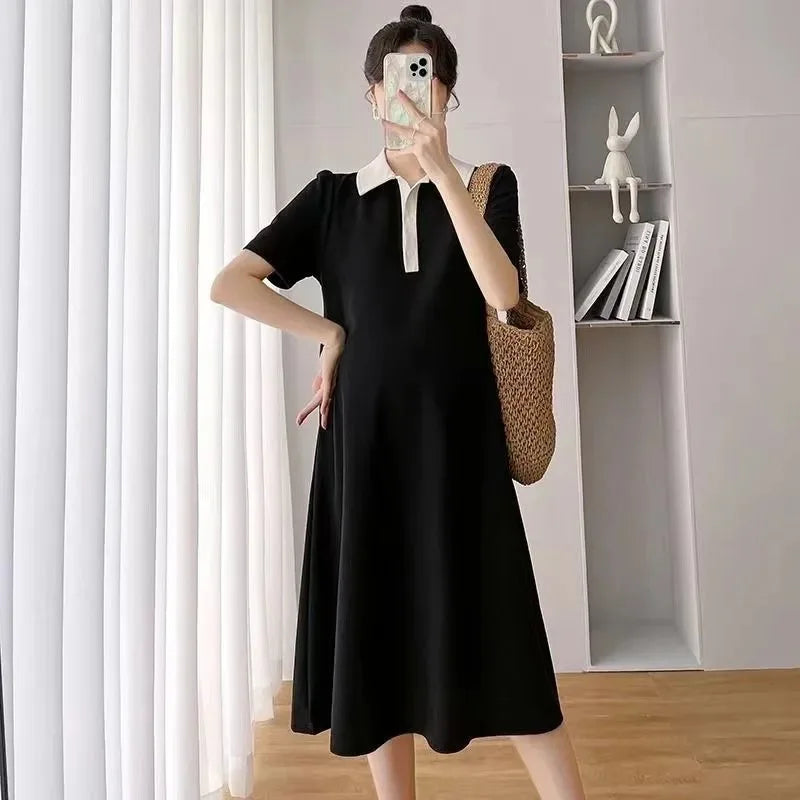 Somenie Summer Maternity Short Sleeve Dress Lapel Collar Casual Pregnant Women Daily Wear Outfit