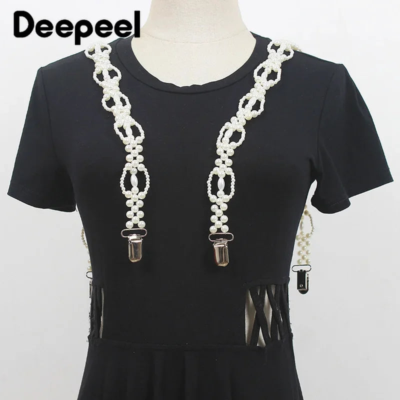 Deepeel New 1Pairs 69*2cm Fashion Pearl Chain Decoration Suspenders Adjustable Trouser Bead Strap Female Waist Corset Braces