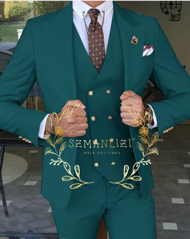 Beige Business Suits For Men Tuxedos Gold Buttons Groom Groomsman Prom Wedding Party Formal 3 Pieces Sets - View 18 | SAMAG