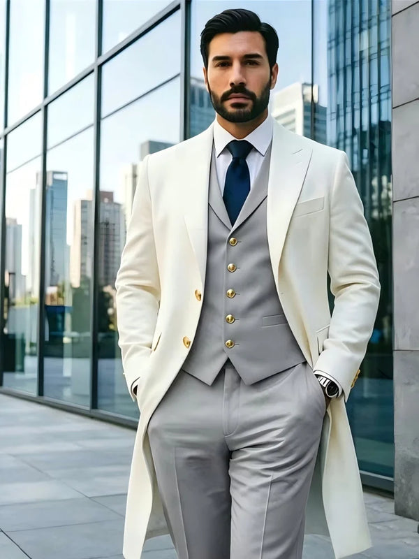 Ivory Long Blazer Men's Suits Single Breasted Wedding | SAMAG