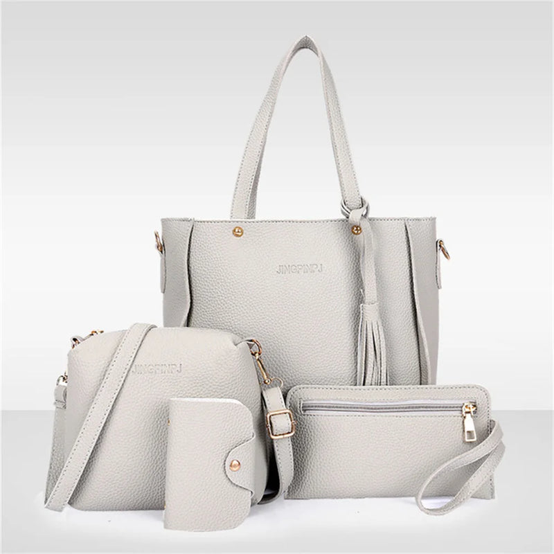 4pcs/Set Fashion Tassels Decoration Pu Leather Shoulder Bag Crossbody Bag Handbag Purse Wallet Solid Color Women Bag Combos 2024