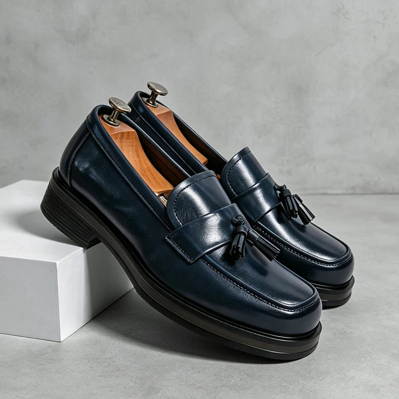 Men Square Toe Tassel Loafers Slip On Leather Dress Shoes Classic Business Formal Wedding Office Casual Non Slip Moccasins