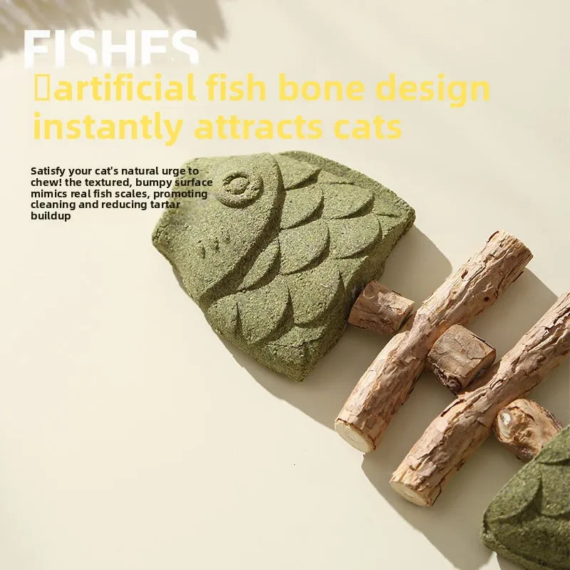 Cat Toy Fish Bone Shape Silvervine Stick Natural Wooden Chew Toy for Kitten Teething Interactive Play