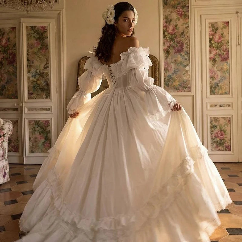 Eightree Vintage A - Line Wedding Dresses Puff Sleeve Lace - View 3 | SAMAG
