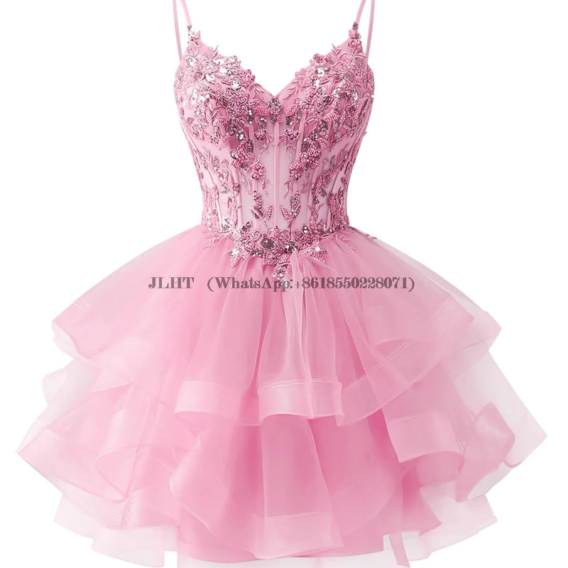 Customized Tiered Tulle A Line Homecoming Dress For Teens Sparkly Lace Applique Beaded Short Prom Dress Mini Cocktail Party Gown