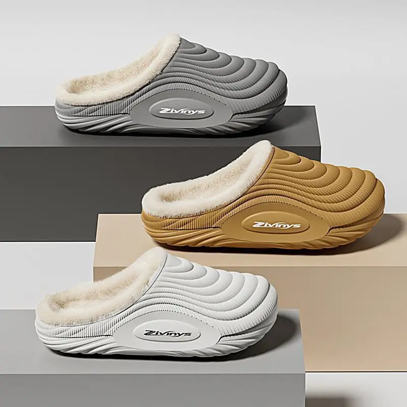 2025 New Men's Thick Bottom Waterproof Non-Slip Warm Home Outdoor Wear Fleece Lined Couple Cotton Slippers Winter EVA