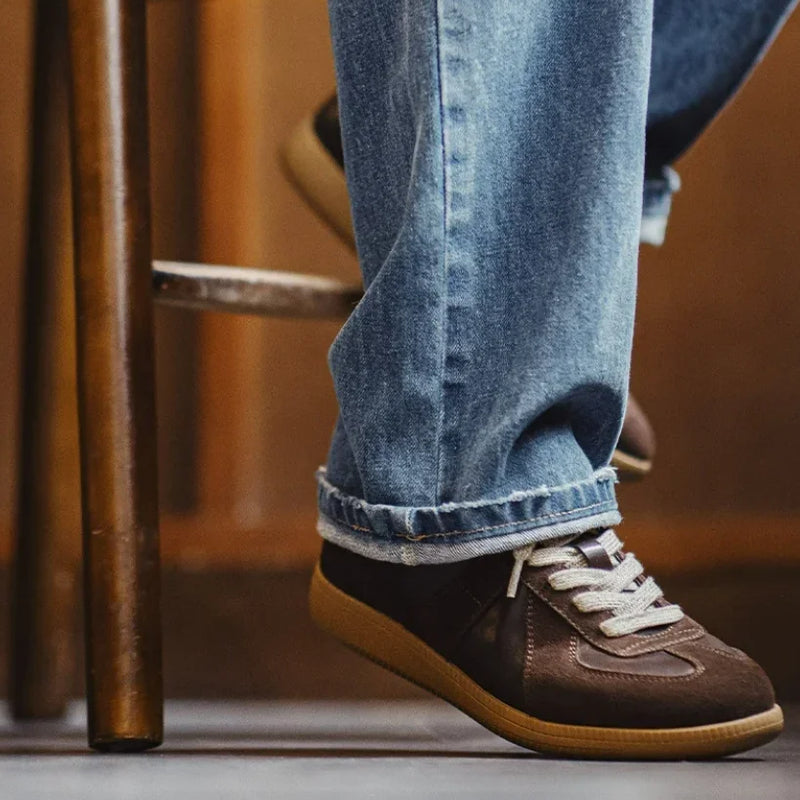 Maden Classic Brown Spliced German Trainer Shoes Flat Low-top Sneakers for Men's Spring and Autumn Casual Lace-up Sporty Shoes