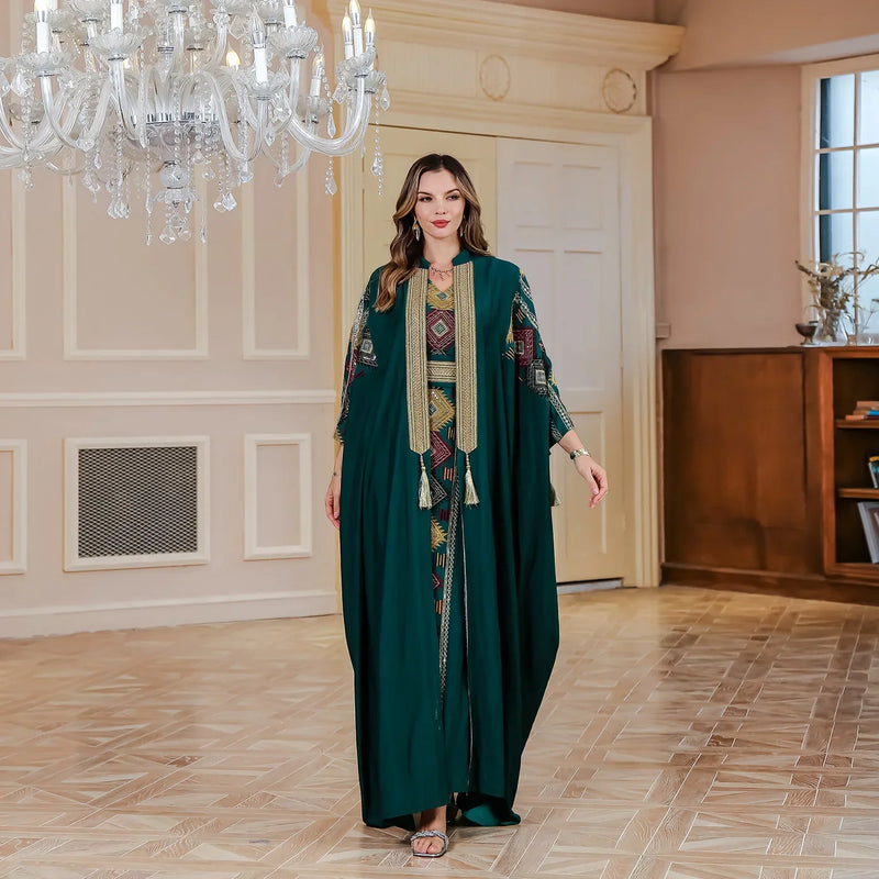 Eid Muslim 2 Piece Set Women Embroidery Dresses Open Abaya Suit Jalabiya Ramadan Dubai Kaftan Party Vestidos Cardigan Robe 2025