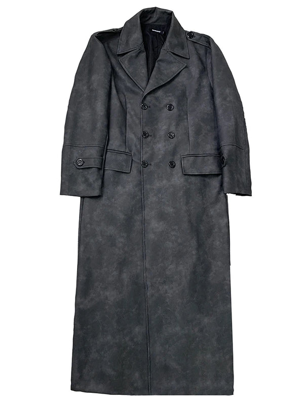 Mauroicardi Spring Autumn Extra Long Distressed Pu Leather Trench Coat Men Belt Double Breasted Luxury Designer Clothes Fashion