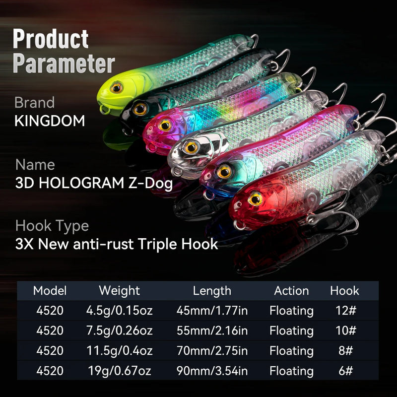 Kingdom Topwater Fishing Lure Z-Dog 3D Hologram 4.5g 7.5g | SAMAG