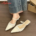 Aphixta 2026 New Fashion Women's Pink Floral Mules Pointed Toe Low Heel Slippers Elegant Summer Dress Shoes for Ladies