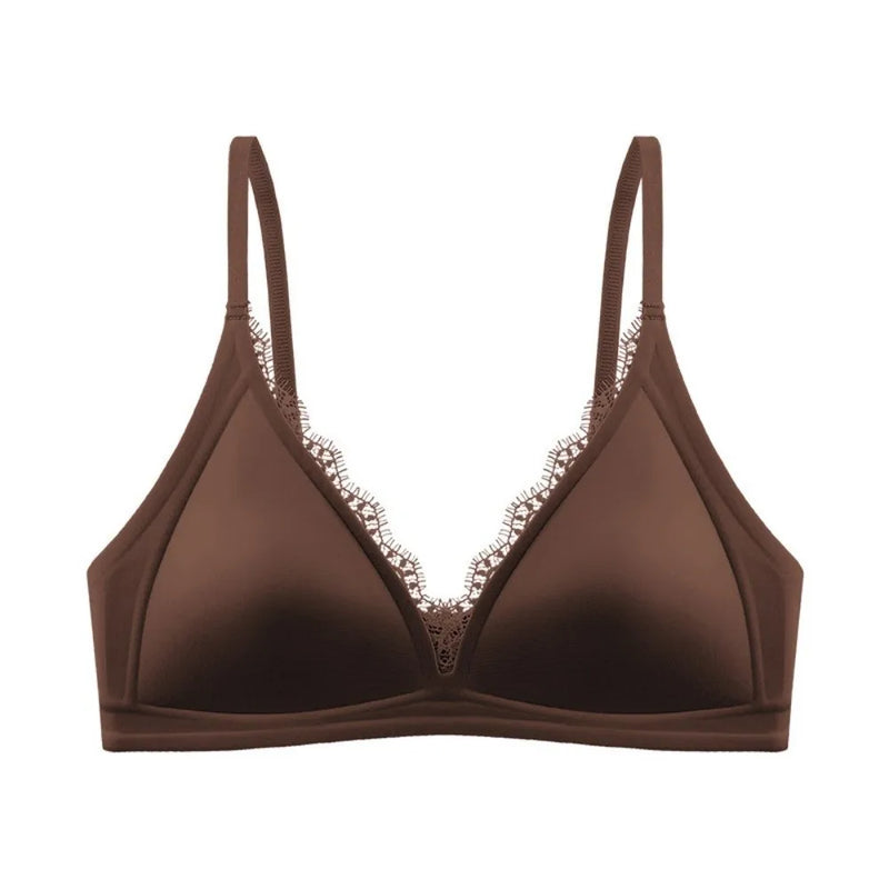 Ins Simple Satin Satin Wireless V Bra V Lace Neck Traceless Push Up Underwear Lingerie Solid Color Satin Lace Brassiere Running