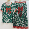 Designer retro geometric print knitted T-shirt two-piece summer women's dress+loose plus-size pleated skirt fashion suit