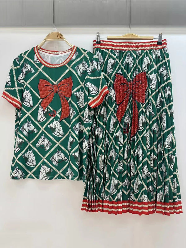 Designer retro geometric print knitted T-shirt two-piece summer women's dress+loose plus-size pleated skirt fashion suit