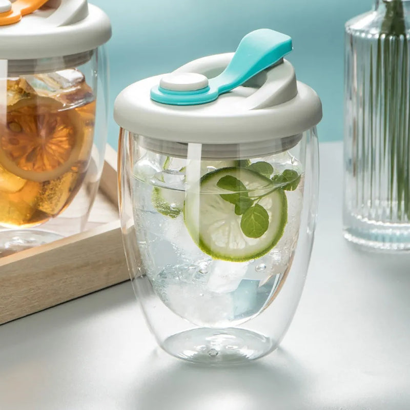 Cute Portable Water Cup Double Wall Glass Cup With Leak-Proof LidTransparent Insulated Coffee Cups Milk Tea Juice Mug Dinkware
