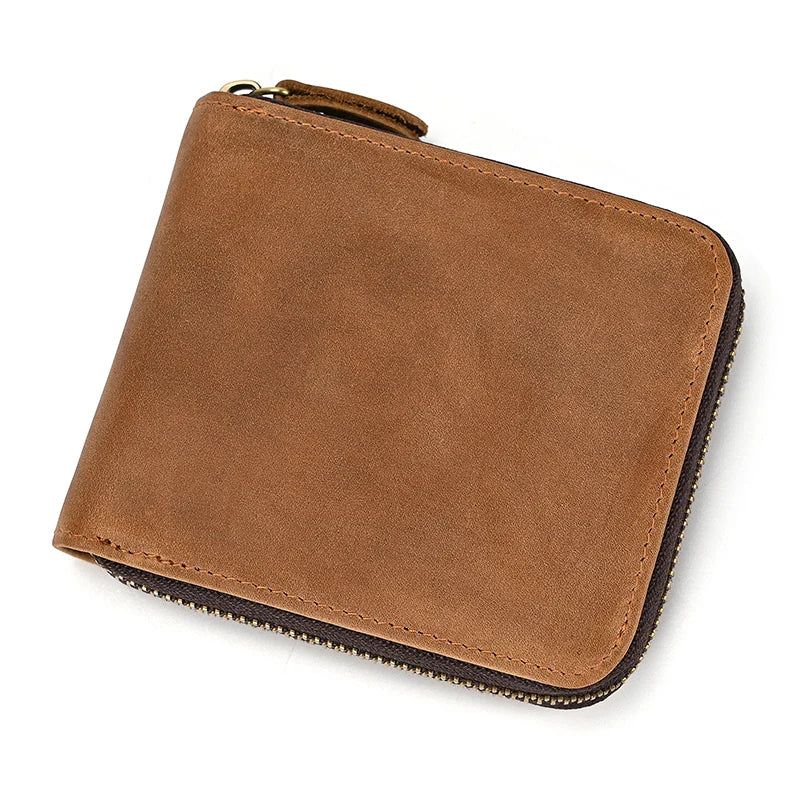 Men Crazy horse Genuine Leather Coin Wallet Real Leather Snap Short Purse Women Coin Pocket Zip Around Small Trifold Pocket