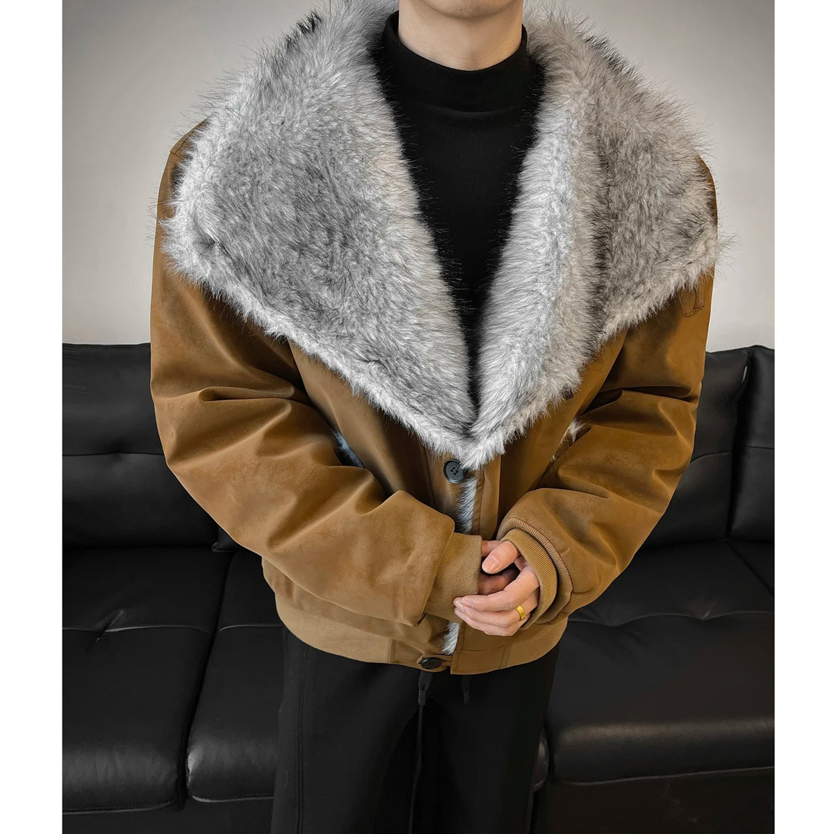 Autumn Winter Stand Collar Lapel Cotton Leather Jacket Imitation Mink Fur Warm Jackets Streetwear Social Streetwear Men Clothing
