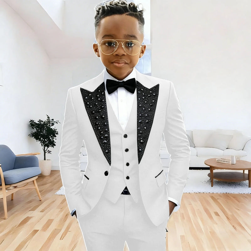 Black Suit for Boys Evening Party Tuxedo Kids Wedding Beaded Crystals Suit 3 Piece Boy Suit Jacket Pants Vest Formal Prom Dress