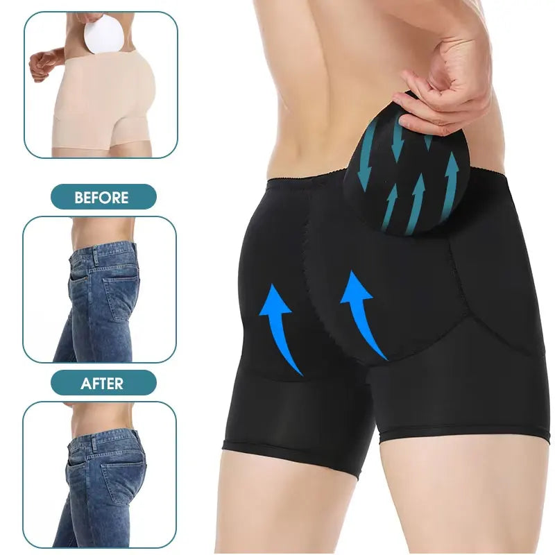 Men 4 Removable Padded Boxer Sexy Shapewear Hip Enhancer Breathable Butt Lifter Booty Padded Underwear Short Panties Tummy Control Body Shaper