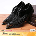 Crocodile Grain Men Shoes Pointed Iron Toe Leather Dress Shoes Black Lace-up Formal Business Shoes Men Zapatos Hombre