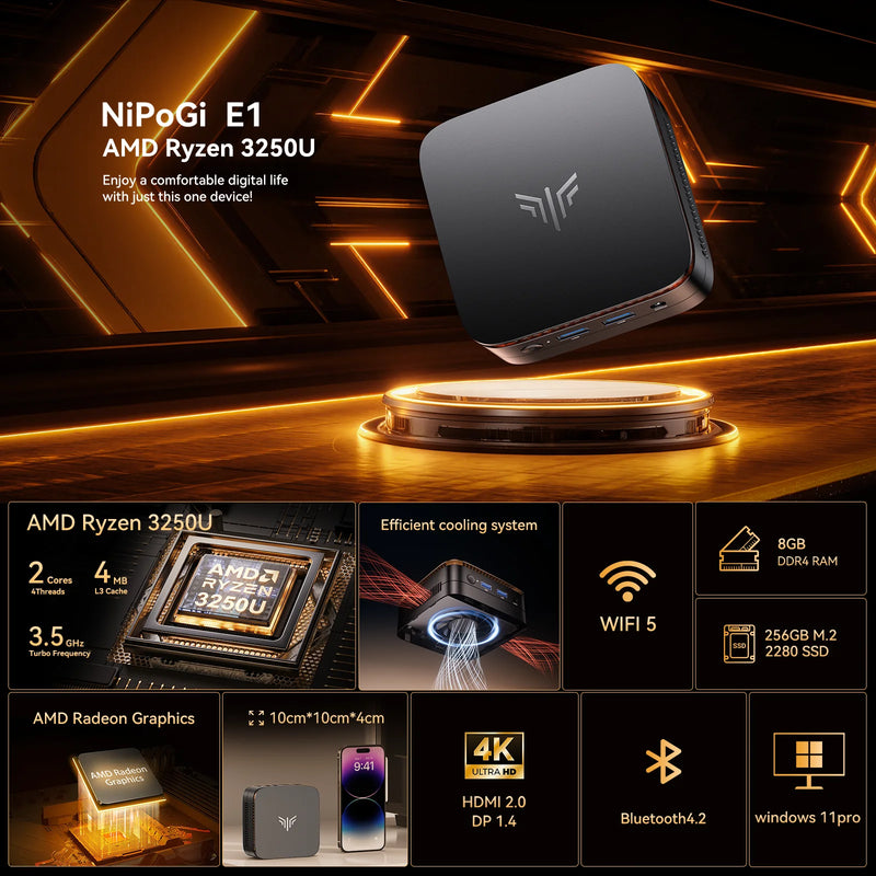 NIPOGI Mini PC AMD Ryzen 3 3250U Desktop Mini Computers 8GB RAM 256GB M.2 SSD WiFi 5, BT 4.2,DUAL 4K Display Windows 11 Pro
