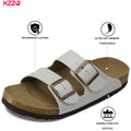 KZZO Waterproof Genuine Leather Mules for Women Non Slip Clog Shoes Outdoor Home Comfort Slip On Flat Double Adjustable Strap