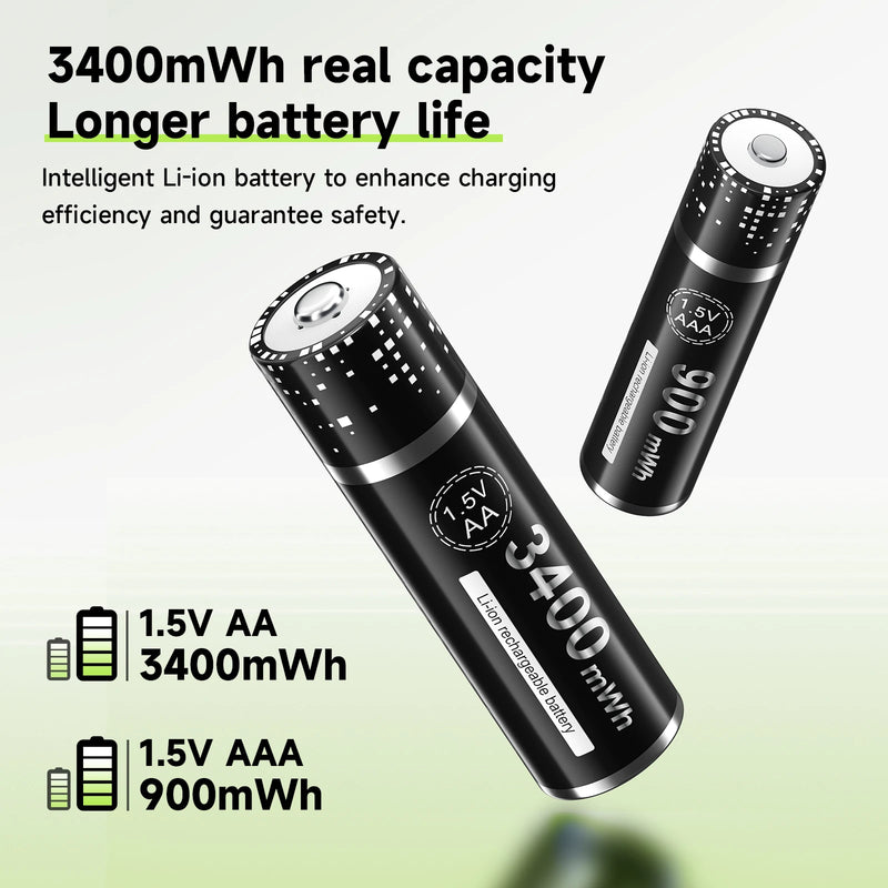 PALO 3400mWh Li-ion 1.5V AA and AAA Rechargeable Batteries with 8-channel magnetic flip charger for 1.5V 2A 3A Lithium Batteries