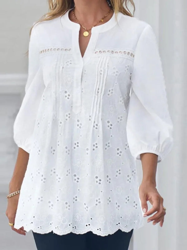 Women's Fashion Shirt Top White Lace Hollow Out V - Neck - View 4 | SAMAG