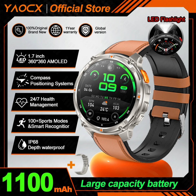 NEW 1100mAh Battery Sports Smart Watch Compass IP68 Waterproof Outdoor Flashlight Voice Assistant Heart Rate BT Call Smart Watch