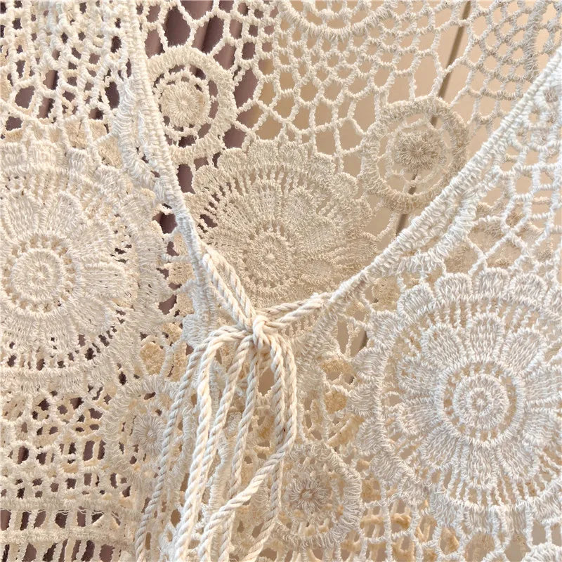 Boho Crochet Cardigan Women Flare Sleeve Tie Front Floral Open-knit Blouse Cardi Beach Bikini Cover Up Bolero Vacation Outfit