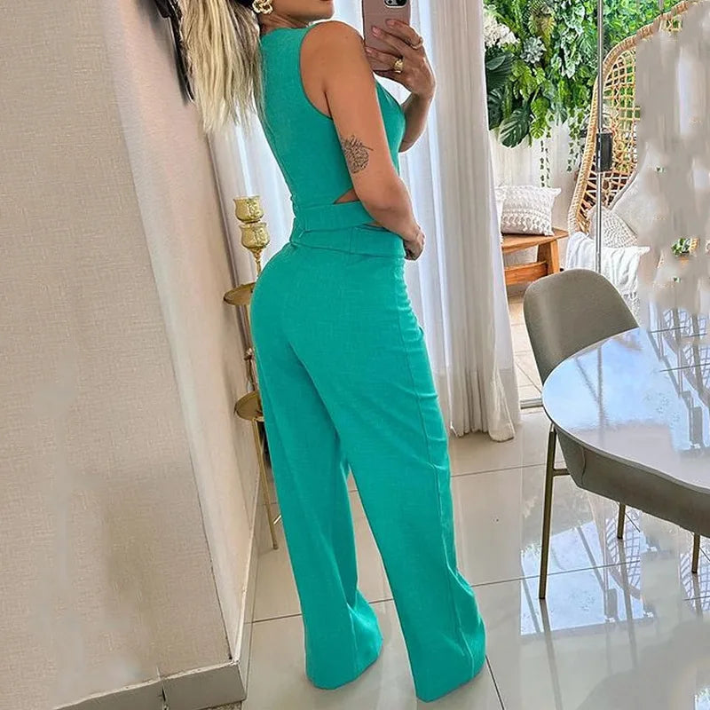 Elegant Slim Sets For Women 2 Pieces Sexy Sleeveless Crop Top + high waist Pants Suits Solid Outifit Y2K Sweet Style Women's Set
