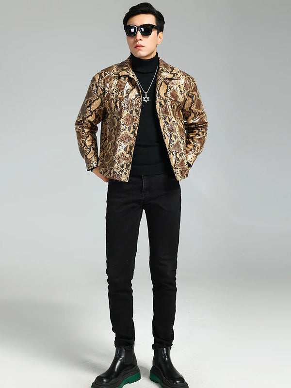 Nerazzurri Autumn Short Handsome Cool Colorful Snakeskin Print Pu Leather Jacket Men Luxury European Style Clothes 2023 EU Size
