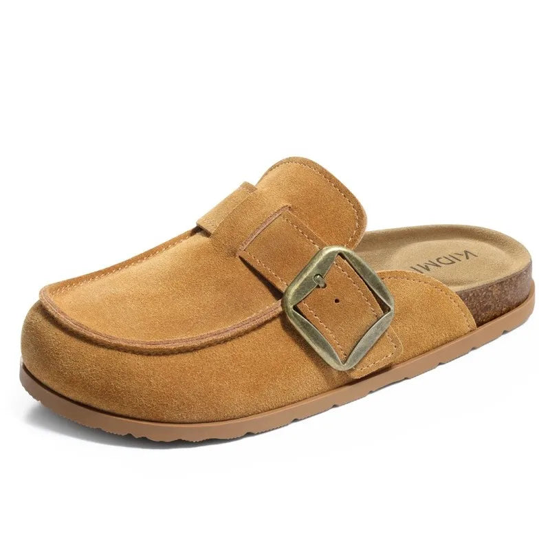 Crestar Women's Genuine Suede Clogs Outdoor Memory Foam Cork Footbed Leather Mules With Adjustable Buckle Lady Slip On Slippers