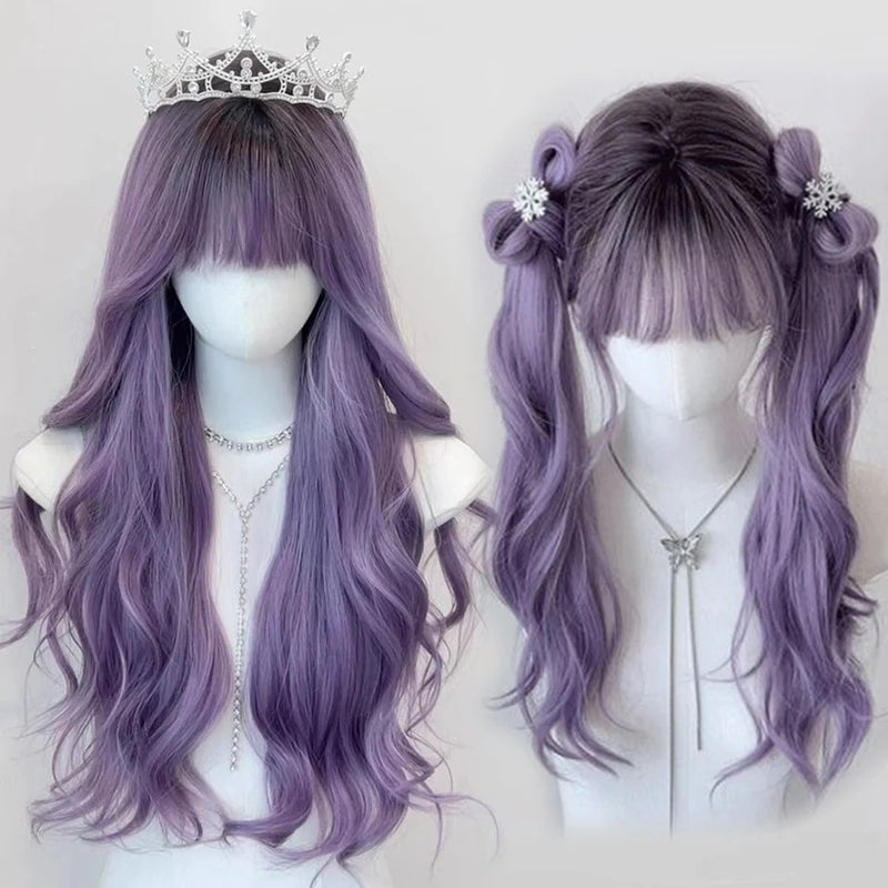 Synthetic Long Curly Wavy Lolita Wig with Bangs Wig Girl Cute Ombre Pink Blonde Black Cosplay Party Halloween Harajuku Wig