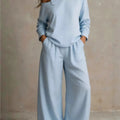 Women sexy one-Shoulder Strap Buckle casual two Piece Sets Autumn Solid Slant Neck Long Sleeve top  Wide Leg Pants Matching Sets