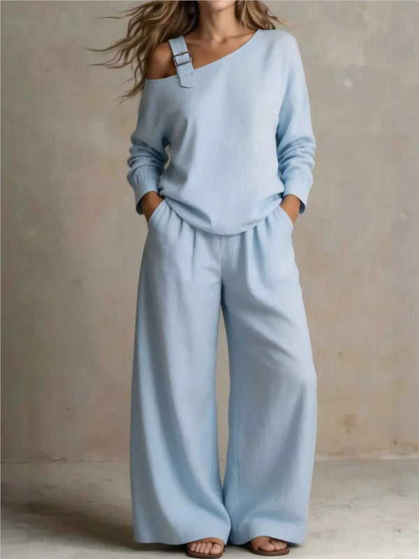 Women sexy one-Shoulder Strap Buckle casual two Piece Sets Autumn Solid Slant Neck Long Sleeve top  Wide Leg Pants Matching Sets