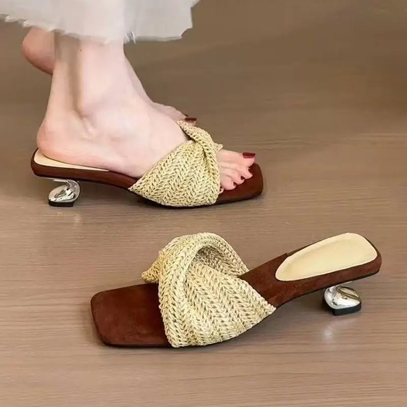 Summer New Woven Cross Strap Square Toe Breathable Mule Sandals - Open Toe Irregular Metal Heel Pumps, Beach Vacation Shoes 2026