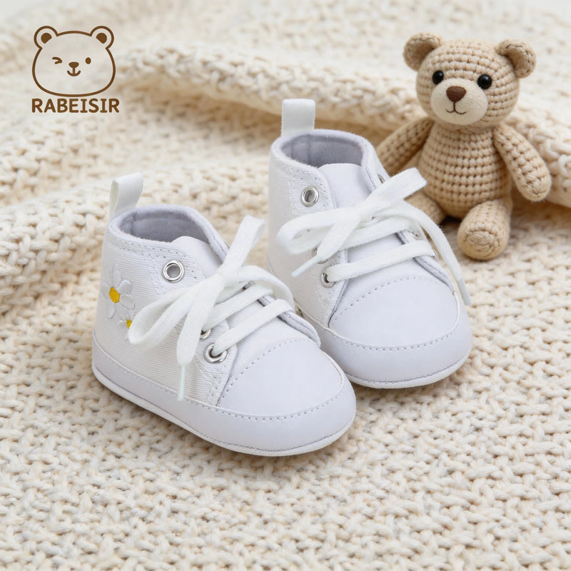 Trendy Cute Embroidered Daisy Sneakers For Baby Girls, Lightweight Non Slip Shoes For Indoor Outdoor Walking, All Seasons