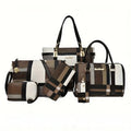 6 Pcs Women Plaid Handbag Set Fashion Checkered PU Leather Tote Shoulder Crossbody Bag Ladies Clutch Purse Card Coin Wallet Multi-piece Bag Set For Daily Shopping Party