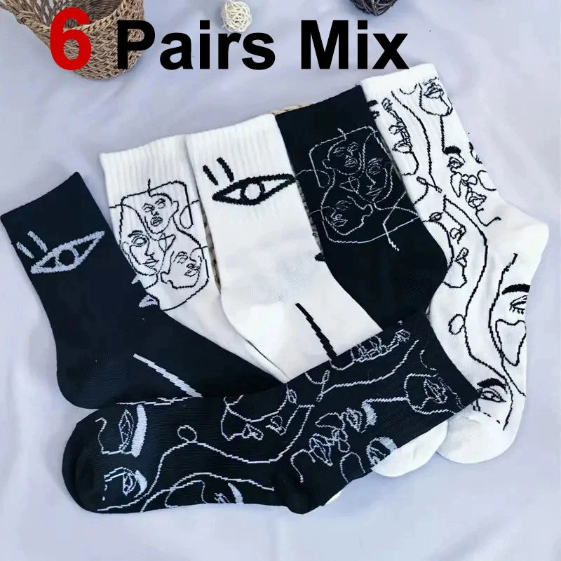 6 Pairs Line Patterns Both Men Women Fashionable Mid Tube | SAMAG