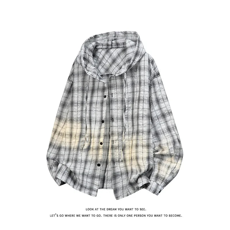 Unisex Plaid Long Sleeve Hooded Shirt Loose Sun | SAMAG