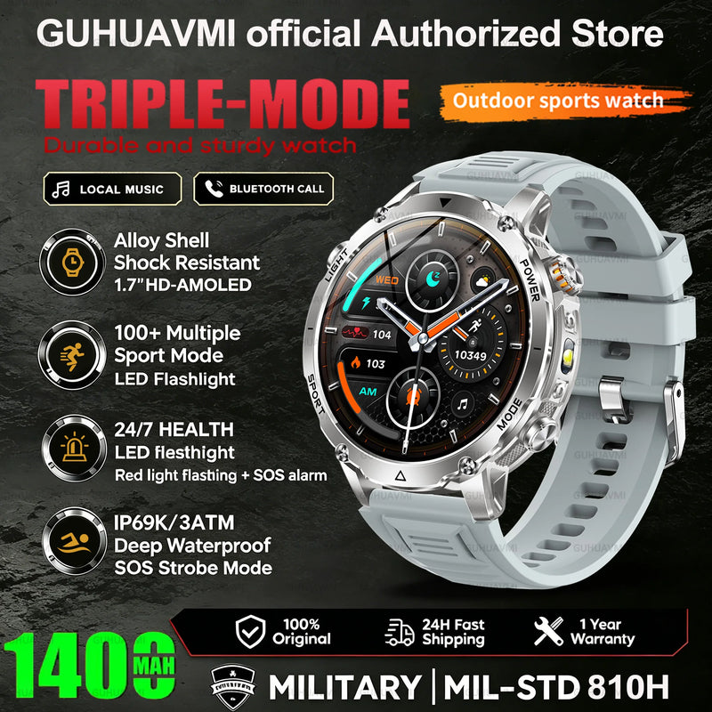 New 1400mAh Battery Sports Smart Watch 1.7” SOS+Flashlight Exercise Record Bluetooth Call Waterproof Health Watch For Android iO