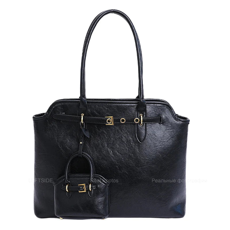 LEFTSIDE Big PU Leather Short Handle Shoulder Bag for Women 2025 Winter Luxury Tote Bag Lady Designer Retro Handbags and Purses