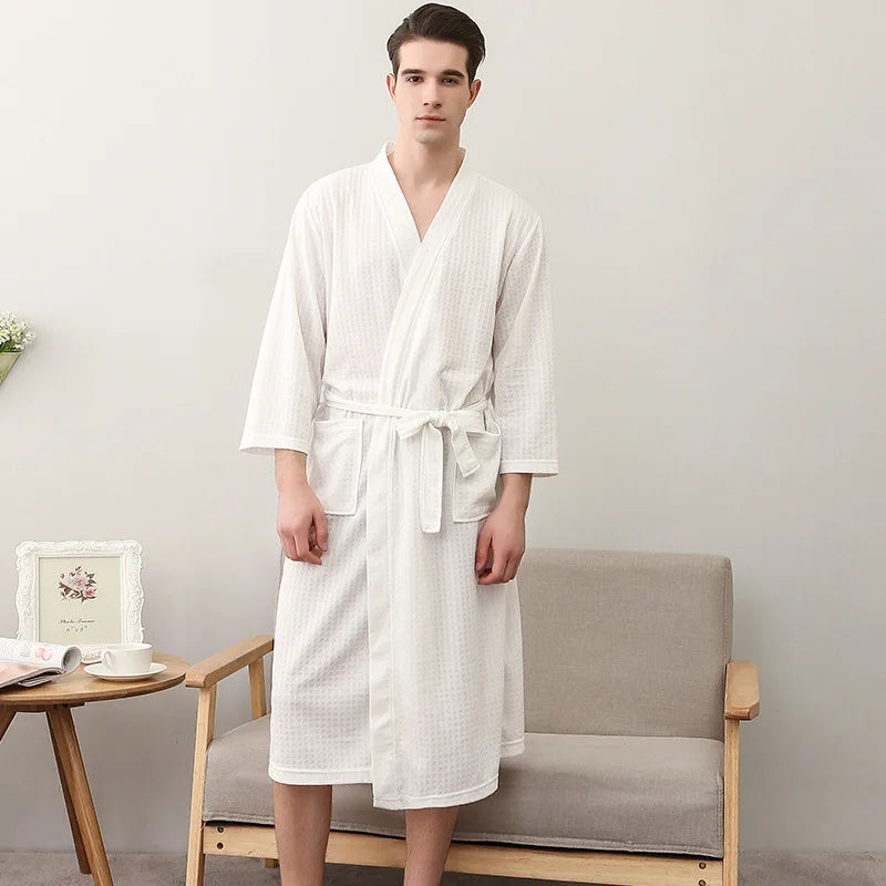 Men's and Women's Universal Waffle Seven-Sleeve Lightweight Long Bathrobe for Hotels, Soft and Breathable, Couple's Homewear