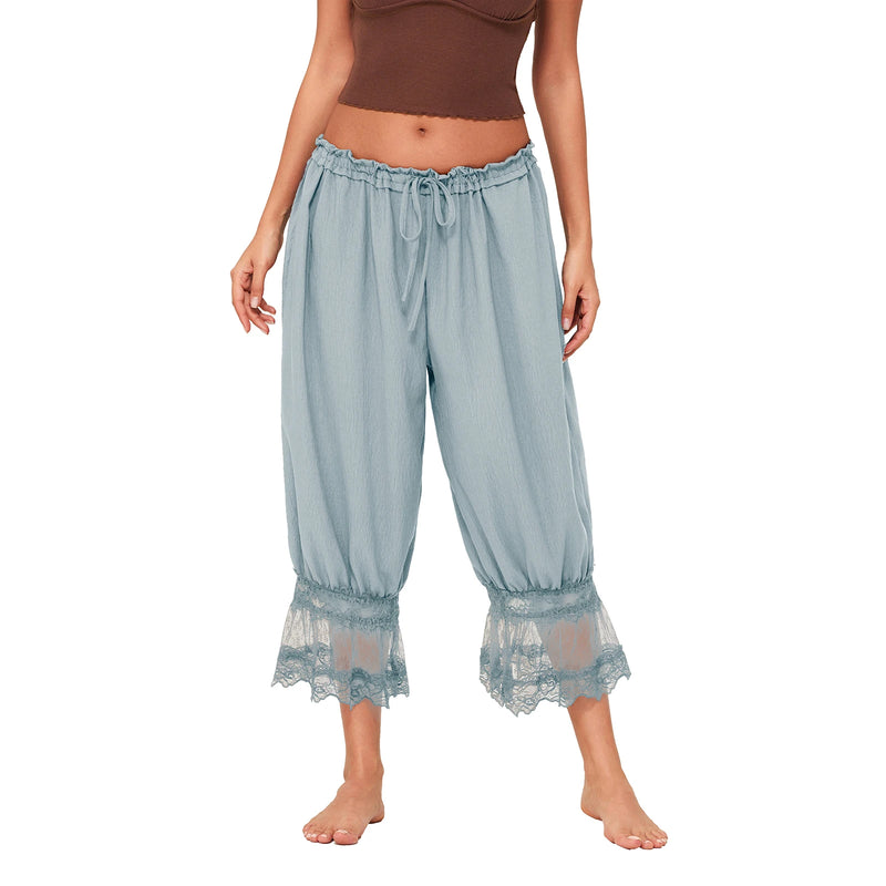 Women's Y2K Loose Fit Bloomers Cropped Pants Drawstring High Waist Floral Lace Patchwork Calf-Length Lantern Trousers