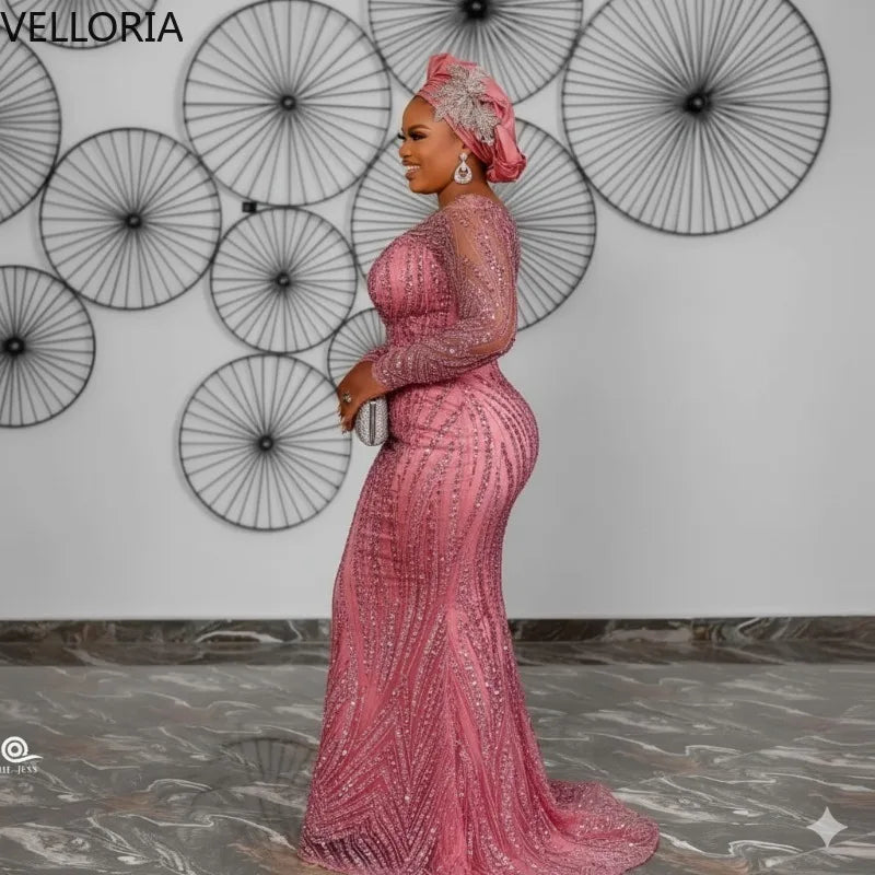 Rose Pink Aso Ebi Mermaid Evening Gowns Beaded Long | SAMAG