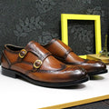 Men's Leather Loafers Double Buckle Monk Strap Handmade Dress Shoes Wingtip Pointed Toe Brogue Wedding Office Business Shoes
