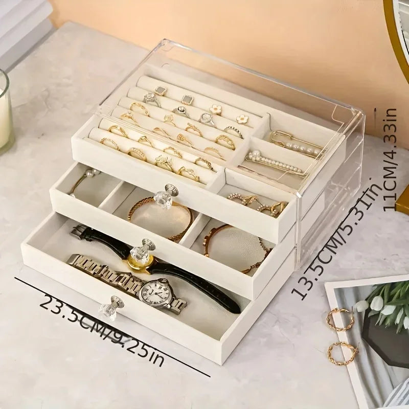 3-Tier Dust-Proof Acrylic Jewelry Organizer Box, Elegant Modern Rectangular Tabletop Display Case  jewelry boxes and packaging
